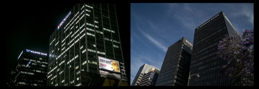 High rise buildings house three large Korean banks: BBCN, Saehan, and Wilshire Bank along Wilshire Boulevard