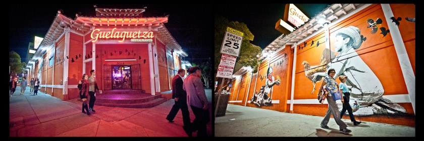 The Guelaguetza is a traditional Oaxacan restaurant on the corner of Olympic Boulevard and Irolo Street. The restaurant features traditional Korean architecture, the remnants of Hi-Duk Lee's VIP Palace, which once welcomed various dignitaries from Los Angeles. By the 90s, most of the business interest left Olympic Boulevard and began to move towards the Wilshire and Western areas of Koreatown, and in 1994, Fernando Lopez, a Mexican American immigrant, opened the Guelaguetza keeping the architecture of the closed down VIP Palace. The area south of Olympic Boulevard is home to a large Zapotecos community, Oaxacans from Sierra Juarez who have had a place to taste their home cuisine for the past 20 years. 