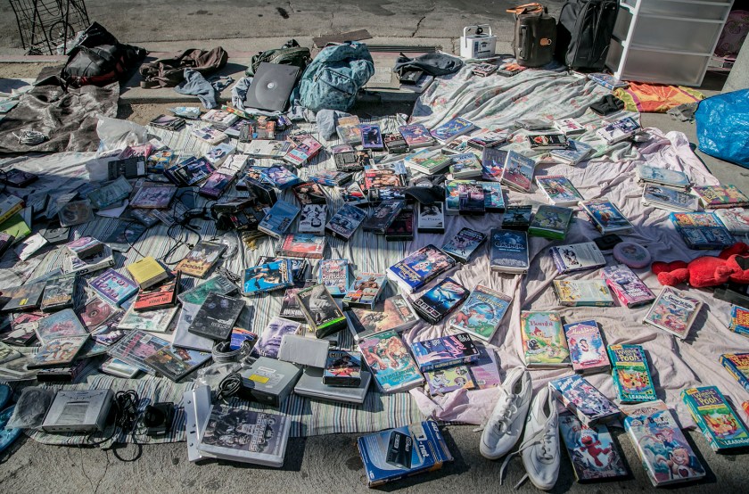 VHS tapes for sale at a swap meet on Kenmore Avenue and 3rd Street in the Little Bangladesh designation in Koreatown. There is a mix of Bengalis and Central Americans who live in the area 