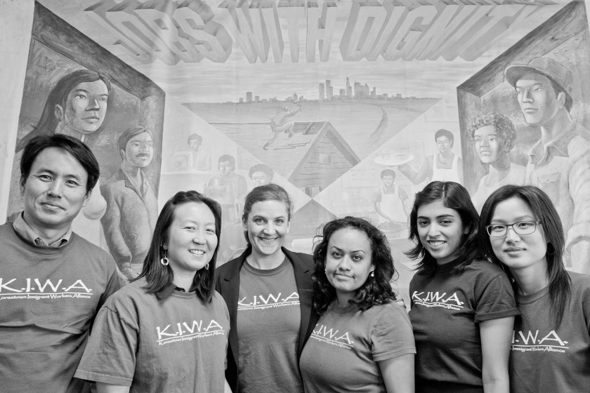 Members from the Koreatown Immigrant Workers Alliance at their building on Hobart Boulevard. KIWA advocates for Koreatown's residents and workers who are the victims of wage theft. They also hold informational seminars for voting, taxes, and other social services needed in the community.