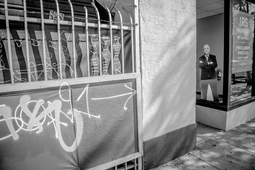 A tagged building near 4th Street and Western Avenue in Koreatown